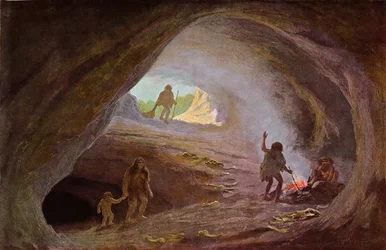 Cavemen during the Ice Age, after a sketch by Professor Klaatsch, late 19th century